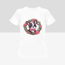 Load image into Gallery viewer, Boston Terrier with Pink Flowers Christmas Wreath Women&#39;s Cotton T-Shirt-Apparel-Apparel, Boston Terrier, Shirt, T Shirt-8
