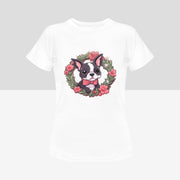Boston Terrier with Pink Flowers Christmas Wreath Women's Cotton T-Shirt-Apparel-Apparel, Boston Terrier, Shirt, T Shirt-8