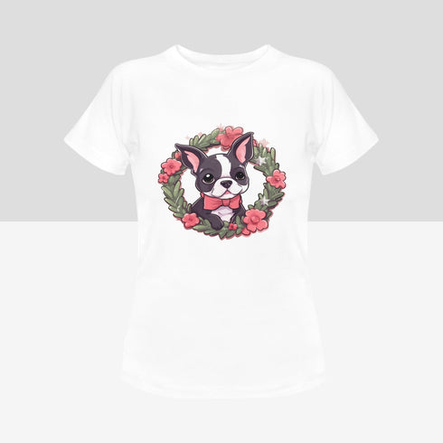 Boston Terrier with Pink Flowers Christmas Wreath Women's Cotton T-Shirt-Apparel-Apparel, Boston Terrier, Shirt, T Shirt-8