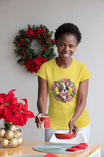 Boston Terrier with Pink Flowers Christmas Wreath Women's Cotton T-Shirt-Apparel-Apparel, Boston Terrier, Shirt, T Shirt-Yellow-Small-1