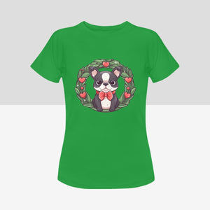 Boston Terrier with Red Hearts Christmas Wreath Women's Cotton T-Shirt-Apparel-Apparel, Boston Terrier, Shirt, T Shirt-Green-Small-5