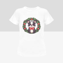 Load image into Gallery viewer, Boston Terrier with Red Hearts Christmas Wreath Women&#39;s Cotton T-Shirt-Apparel-Apparel, Boston Terrier, Shirt, T Shirt-6
