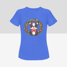 Load image into Gallery viewer, Boston Terrier with Red Hearts Christmas Wreath Women&#39;s Cotton T-Shirt-Apparel-Apparel, Boston Terrier, Shirt, T Shirt-8
