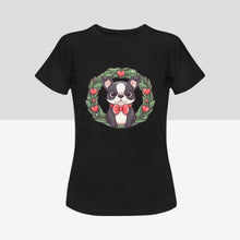 Load image into Gallery viewer, Boston Terrier with Red Hearts Christmas Wreath Women&#39;s Cotton T-Shirt-Apparel-Apparel, Boston Terrier, Shirt, T Shirt-9
