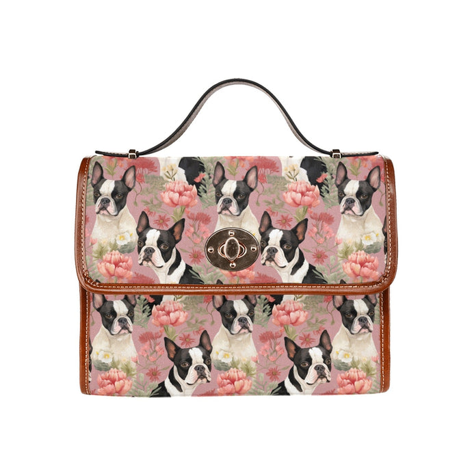 Boston Terriers and Blooms in Pink Shoulder Bag Purse-Accessories-Accessories, Bags, Boston Terrier, Purse-One Size-1