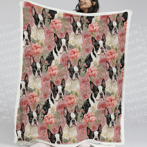 Boston Terriers and Blooms in Pink Soft Warm Fleece Blanket-Blanket-Blankets, Boston Terrier, Home Decor-11