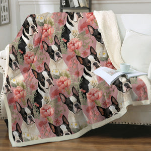 Boston Terriers and Blooms in Pink Soft Warm Fleece Blanket-Blanket-Blankets, Boston Terrier, Home Decor-12