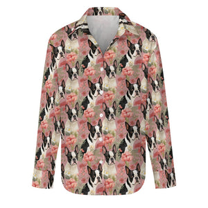 Boston Terriers and Blooms in Pink Women's Shirt-S-White-1