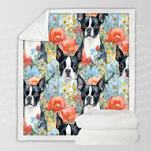 Boston Terriers and Blue Blooms Soft Warm Fleece Blanket-Blanket-Blankets, Boston Terrier, Home Decor-10