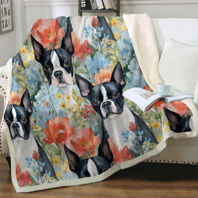 Boston Terriers and Blue Blooms Soft Warm Fleece Blanket-Blanket-Blankets, Boston Terrier, Home Decor-Small-1