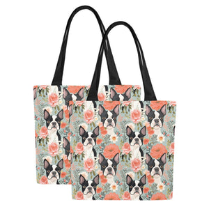Boston Terriers in a Floral Symphony Large Canvas Tote Bags - Set of 2-Accessories-Accessories, Bags, Boston Terrier-Bigger Flowers-Set of 2-1