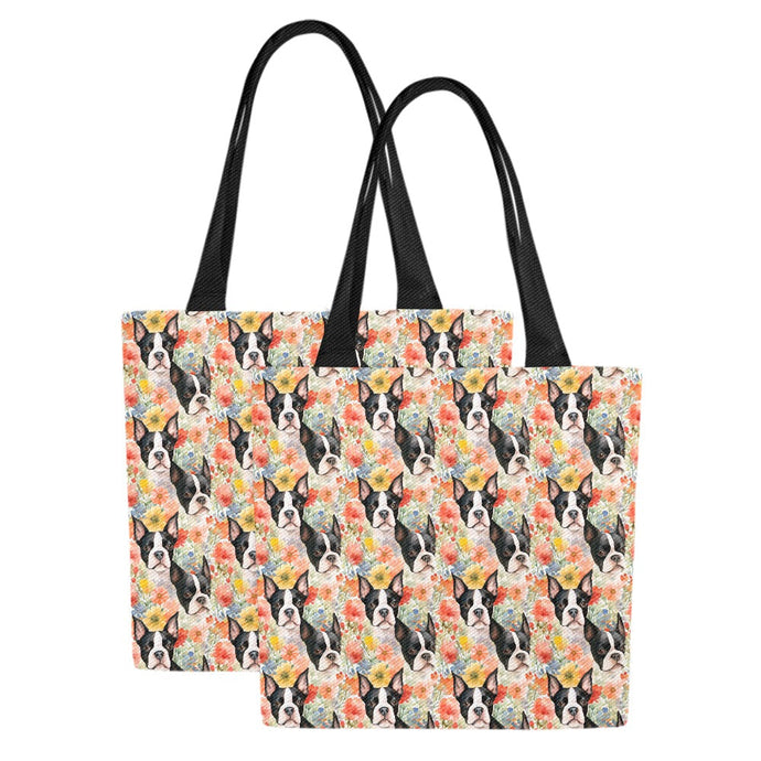Boston Terriers in Blooming Bliss Large Canvas Tote Bags - Set of 2-Accessories-Accessories, Bags, Boston Terrier-White1-ONESIZE-5