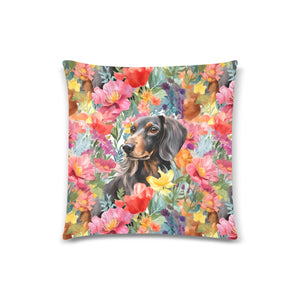 Botanical Beauty Black and Tan Dachshund Throw Pillow Cover-White-ONESIZE-2