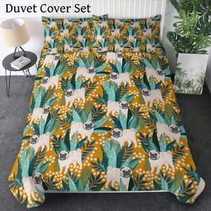 Botanical Pug Bliss Bedding Set - Comforter or Duvet Cover-Bedding-Bedding, Blankets, Home Decor, Pug-Deep Mustard-Duvet Cover (no filling) + 2 Pillowcases-Twin-13