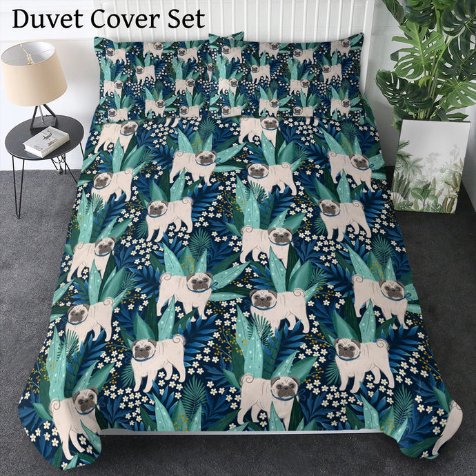 Botanical Pug Bliss Bedding Set - Comforter or Duvet Cover-Bedding-Bedding, Blankets, Home Decor, Pug-Midnight Blue-Duvet Cover (no filling) + 2 Pillowcases-Twin-1