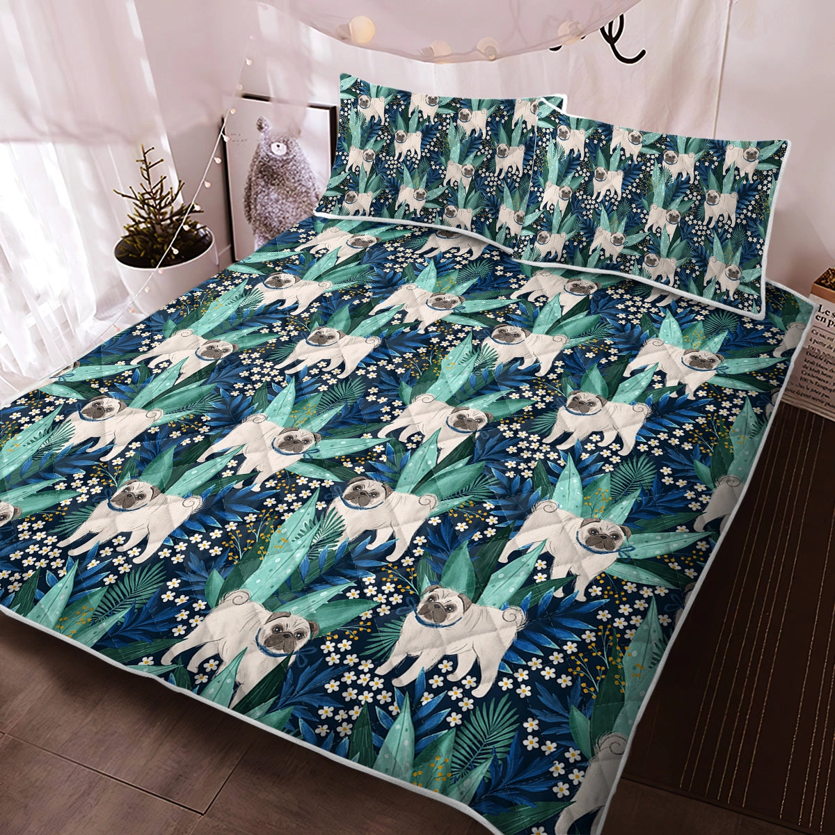 Botanical Pug Bliss Quilted Blanket Or Bedding Set 5 Colors Midnight Blue Only Quilt Twin