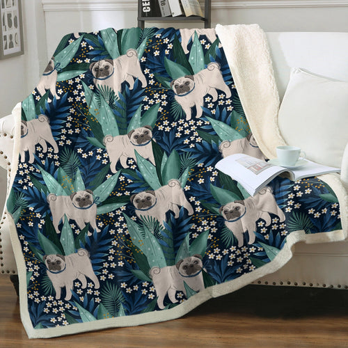Botanical Pug Bliss Soft Warm Fleece Blanket - 5 Colors-Blanket-Bedding, Blankets, Home Decor, Pug-Midnight Blue-Small-1