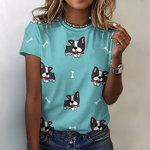 Bow Tie Boston Terriers All Over Print Women's Cotton T-Shirt - 4 Colors-Apparel-Apparel, Boston Terrier, Shirt, T Shirt-Turquoise Blue-2XS-3
