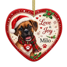 Load image into Gallery viewer, Boxer Dog Christmas Ornament - Love &amp; Joy Heart Shaped Portrait - Personalized with Name-Christmas Ornament-Boxer,Christmas,Personalize Artwork-4