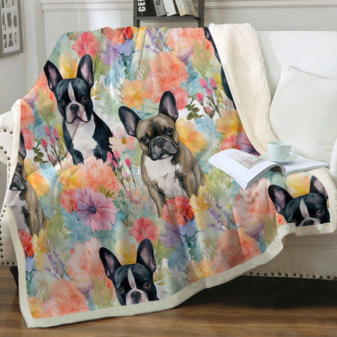 Brindle and Black Frenchies in Bloom Soft Warm Fleece Blanket-Blanket-Blankets, French Bulldog, Home Decor-Small-1