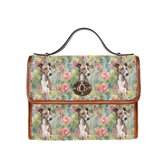 Brindle Greyhound / Whippet in Floral Bloom Shoulder Bag Purse-Black2-ONE SIZE-1