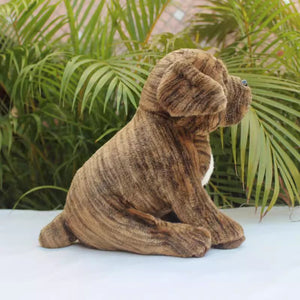 Image of a brindle pit bull stuffed animal plush toy - floppy ears - side view