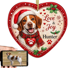 Load image into Gallery viewer, Brittany Spaniel Christmas Ornament - Love &amp; Joy Heart Shaped Portrait - Personalize with Photo and Name-Christmas Ornament-Brittany Spaniel,Christmas,Christmas Ornament,Personalize Artwork-1