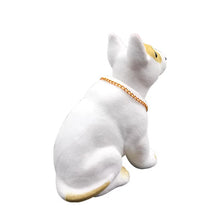 Load image into Gallery viewer, A white bull terrier bobblehead shown from the back, wearing a gold chain collar, isolated on a white background.