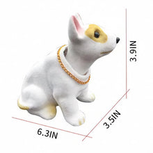 Load image into Gallery viewer, A small white bull terrier bobblehead with yellow patches and a gold chain collar, shown on a white background with red dimension lines and text indicating 16cm length, 9cm width, and 10cm height.