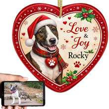 Load image into Gallery viewer, Bull Terrier Christmas Ornament - Love &amp; Joy Heart Shaped Portrait - Personalize with Photo and Name-Christmas Ornament-Bull Terrier,Christmas,Christmas Ornament,Personalize Artwork-1