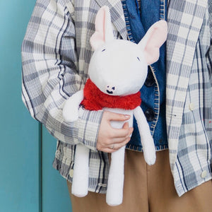 Image of a person holding bull terrier soft toy