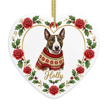 Load image into Gallery viewer, Bull Terrier Ornament - Personalized Heart Shaped Christmas Rose Border - with Name-Christmas Ornament-Bull Terrier,Christmas,Christmas Ornament,Personalize Artwork-4