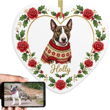 Load image into Gallery viewer, Bull Terrier Ornament - Personalized Heart Shaped Christmas Rose Border - with Name-Christmas Ornament-Bull Terrier,Christmas,Christmas Ornament,Personalize Artwork-1