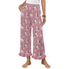 Load image into Gallery viewer, Bull Terrier Pajama Pants for Women - Ruffle Hem Design - Watercolor Elegance Bull Terriers-Pajamas-Apparel,Bull Terrier,Dog Mom Gifts,Pajamas-Pink-S-19