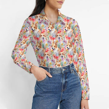 Blooming Florals and Playful Corgis Women's Shirt-Apparel-Apparel, Corgi, Shirt-2