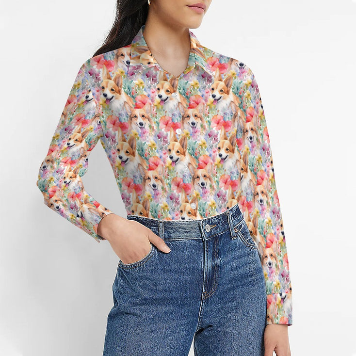 Blooming Florals and Playful Corgis Women's Shirt-Apparel-Apparel, Corgi, Shirt-2