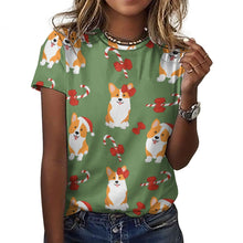 Load image into Gallery viewer, Candy Cane Christmas Corgis All Over Print Women&#39;s Cotton T-Shir - 4 Colors-Apparel-Apparel, Christmas, Corgi, Shirt, T Shirt-14