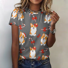 Load image into Gallery viewer, Candy Cane Christmas Corgis All Over Print Women&#39;s Cotton T-Shir - 4 Colors-Apparel-Apparel, Christmas, Corgi, Shirt, T Shirt-1