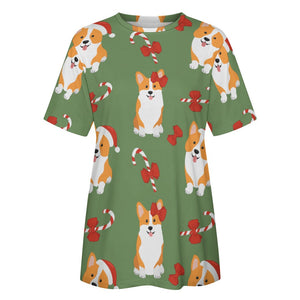Candy Cane Christmas Corgis All Over Print Women's Cotton T-Shir - 4 Colors-Apparel-Apparel, Christmas, Corgi, Shirt, T Shirt-12