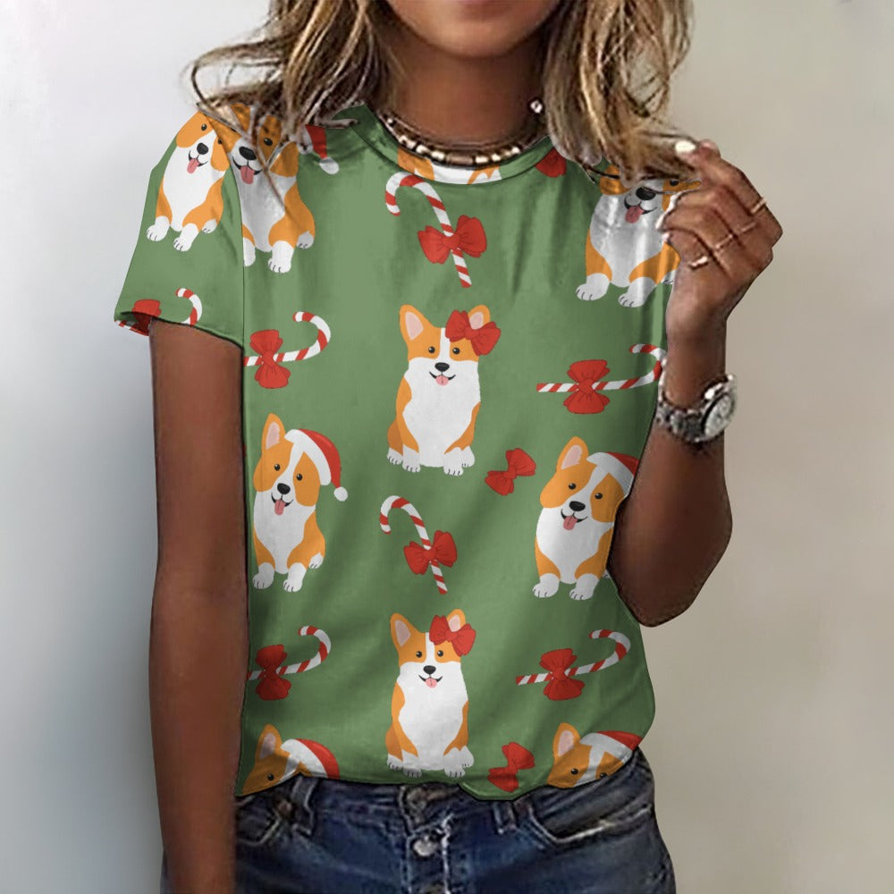 Candy Cane Christmas Corgis All Over Print Women's Cotton T-Shir - 4 Colors-Apparel-Apparel, Christmas, Corgi, Shirt, T Shirt-15
