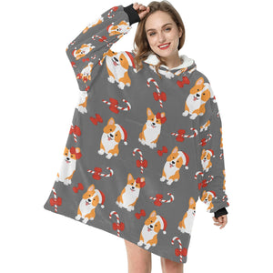 Candy Cane Christmas Corgis Blanket Hoodie for Women-11