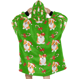 Candy Cane Christmas Corgis Blanket Hoodie for Women-4