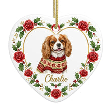 Load image into Gallery viewer, Cavalier King Charles Spaniel Ornament - Personalized Heart Shaped Christmas Rose Border - with Name-Christmas Ornament-Cavalier King Charles Spaniel,Christmas,Personalize Artwork-4