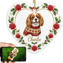 Load image into Gallery viewer, Cavalier King Charles Spaniel Ornament - Personalized Heart Shaped Christmas Rose Border - with Name-Christmas Ornament-Cavalier King Charles Spaniel,Christmas,Personalize Artwork-1