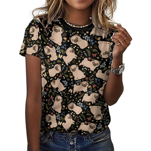 Charming Pugs in Bloom Women's Cotton T-Shirt-Apparel-Midnight Black-2XS-39