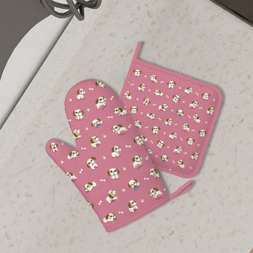 Cheerful Lhasa Apso Playtime Oven Mitts And Pot Holder Set 3 360x