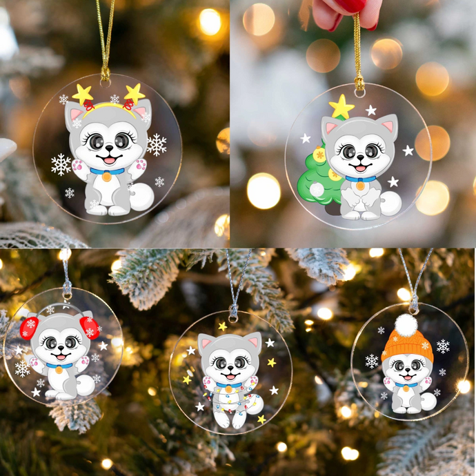 Merry Silver Husky Christmas Tree Ornaments-Christmas Ornament-Christmas, Siberian Husky-All 5 Designs (3 + 2 Free)-1