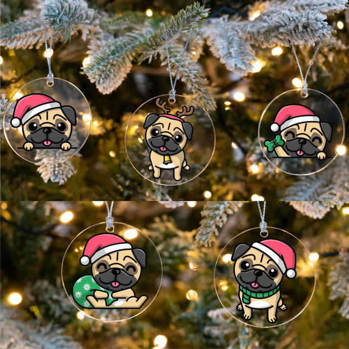 Merry Santa Hat Pug Christmas Tree Ornaments - 5 Designs Bundle-Christmas Ornament-Christmas, Pug-All 5 Designs (3 + 2 Free)-1