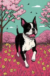 Cherry Blossom Frolic Boston Terrier Wall Art Poster-Art-Boston Terrier, Dog Art, Home Decor, Poster-1