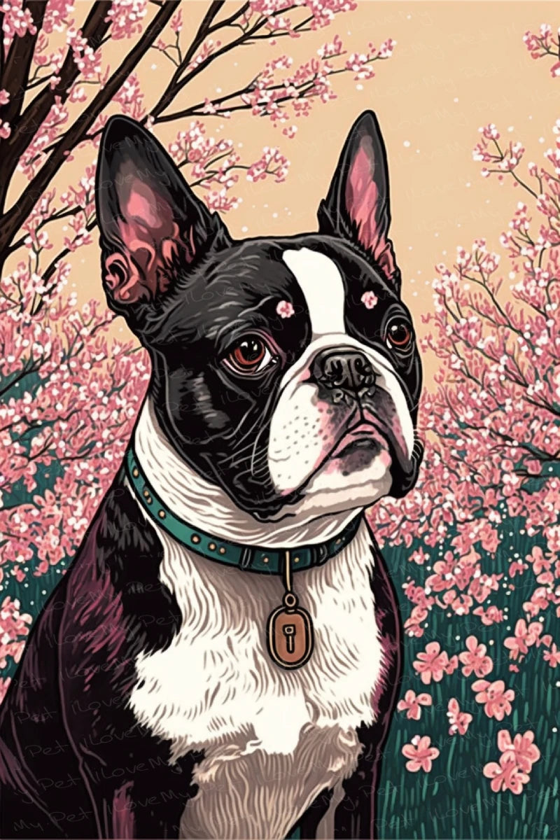 Cherry Blossom Serenade Boston Terrier Wall Art Poster-Art-Boston Terrier, Dog Art, Home Decor, Poster-1